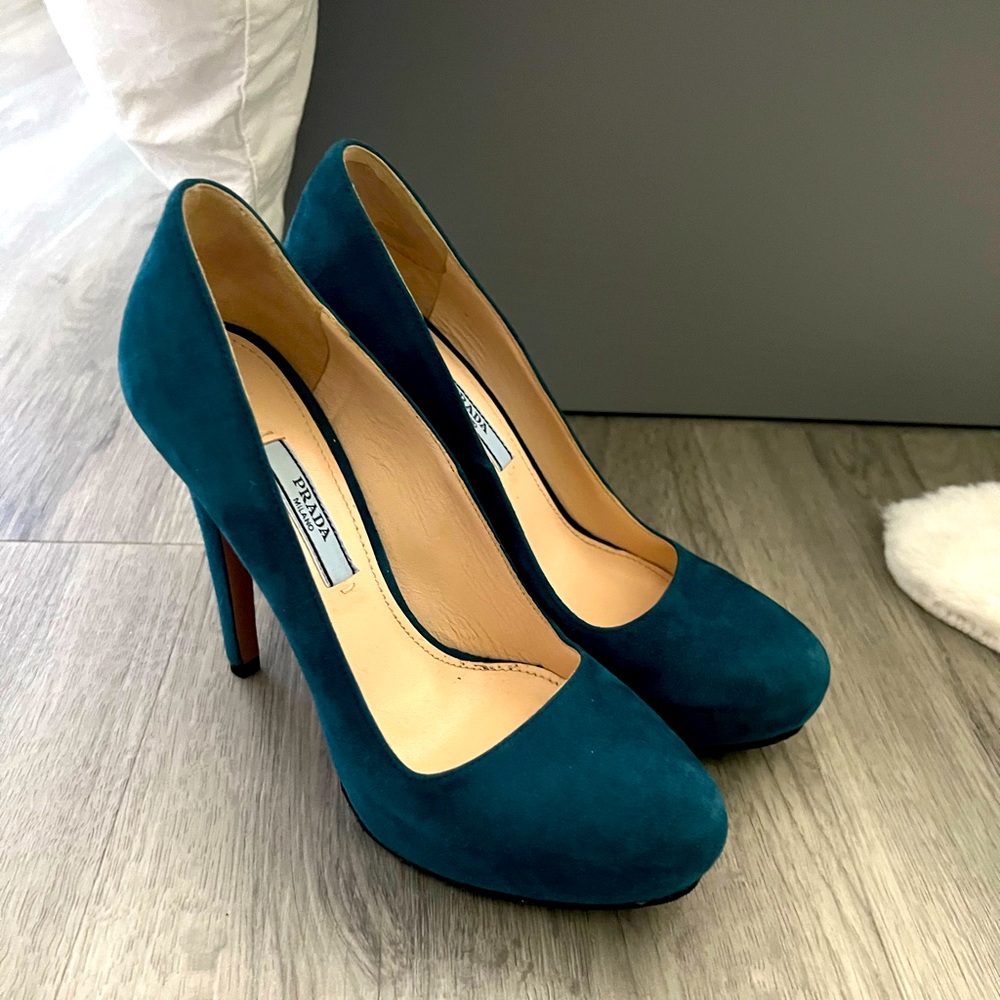 Prada teal blue suede heels sz 36 1/2